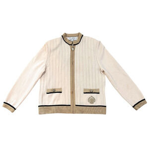 VTG St. John Jacket Womens Size 10 Cream Santana Knit Full Zip Embroidered Crest